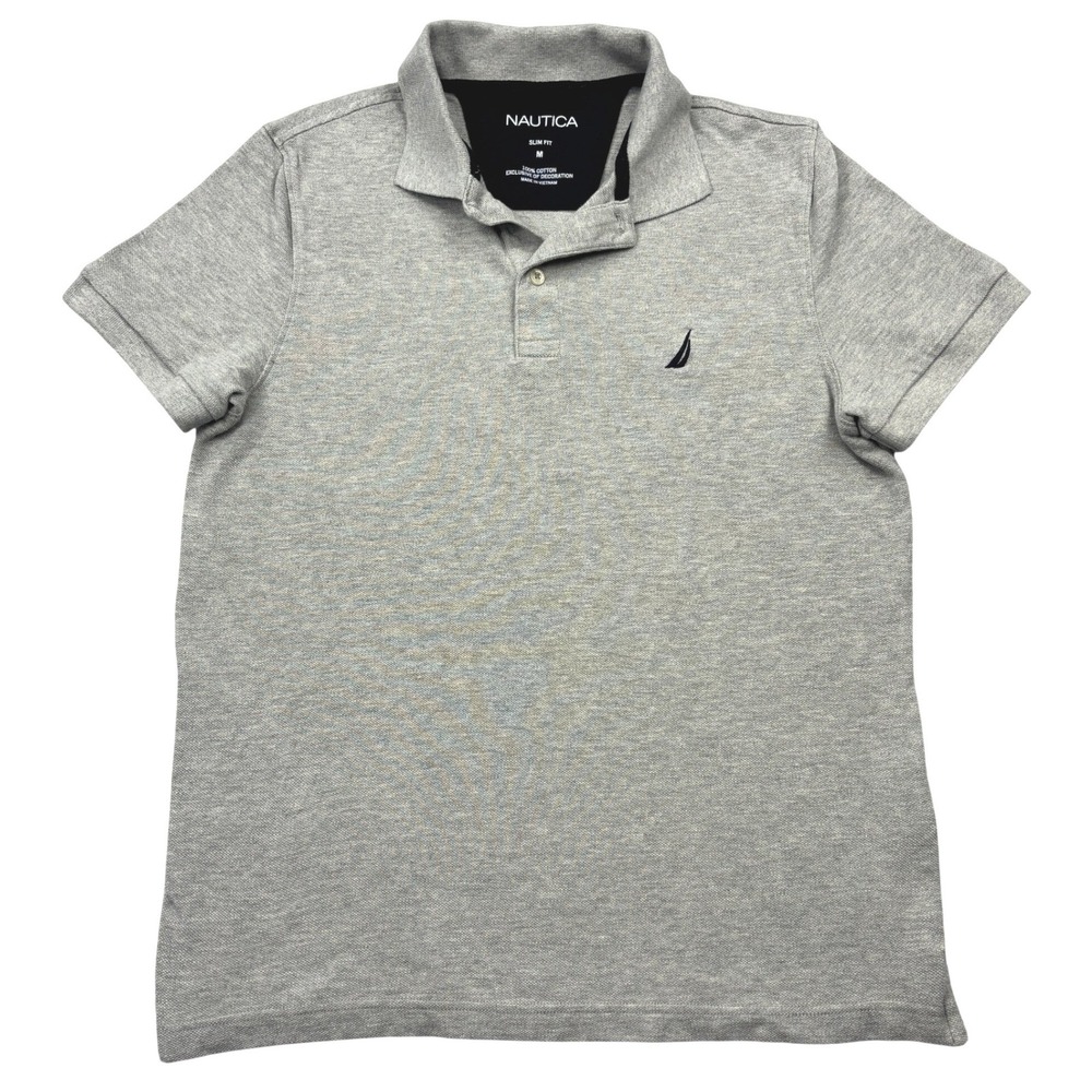 Nautica Mens Medium Heather Gray Slim Fit J Class Sailboat Pique Polo Shirt M